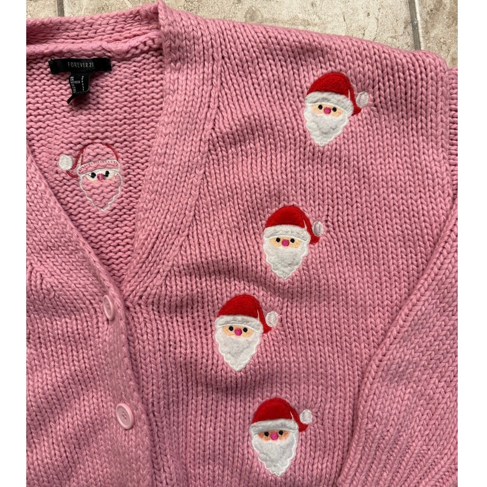 Forever 21 Pink Santa Claus Embroidered Cropped Knit Cardigan Sweater Small - Picture 3 of 5